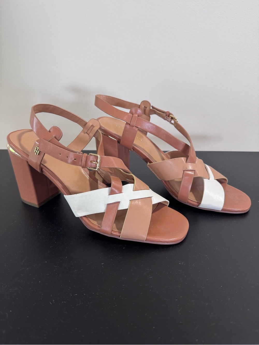 Tommy Hilfiger Graysi Tan and White Strappy Block Heel Sandals